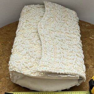 Vintage Stunning White Sequin Beaded Handmade Front Flap Clutch Purse Hong Kong